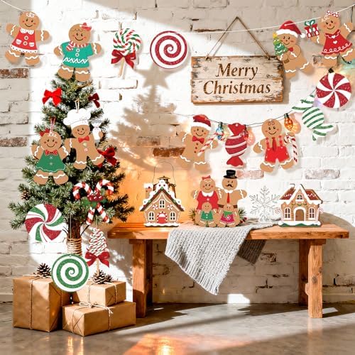 20 Pcs Gingerbread Christmas Decorations Outdoor Large Gingerbread Hanging Xmas Candy Ginger Bread House Decor Double Sided Printing Sign for Tree Yard Porch Office Home Holiday Outside Indoor Merry