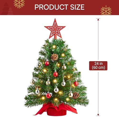 Joiedomi 24 Inch/2FT Tabletop Mini Christmas Prelit Decoration, Artificial Mini Xmas Pine Tree with Prelit LED String Lights and Ornaments Decor, Christmas New Year Decoration Tree Decor