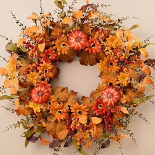 Artificial Fall Wreath 22 Inch Fall Wreaths for Front Door with Orange Pumpkins Berries Daisies Eucalyptus Leaves Autumn Door Wreaths for Thanksgiving Harvest Festival Wall Porch Farmhouse
