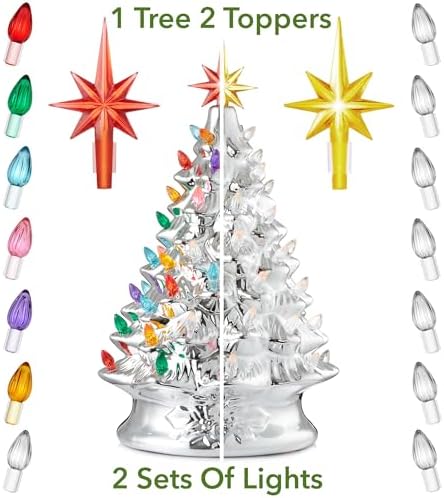 Casafield Hand Painted Ceramic Christmas Tree, Silver 15-Inch Pre-Lit Tree with 128 Multi Color Lights and 2 Star Toppers