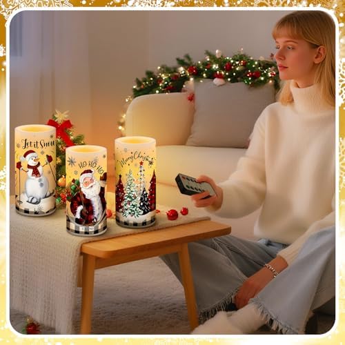 Retisee 3 Pcs Christmas Flameless Candles with Remote Timer Real Wax LED Flickering Pillar Candle White Cold Light Battery Operated for Home Window Xmas Gift Winter Holiday Decor(Buffalo Plaid)