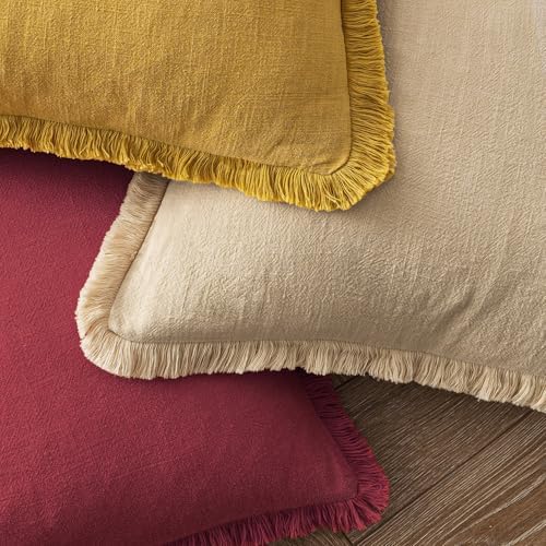 MIULEE Boho Linen Fringe Decorative Throw Pillow Covers Burgundy 18x18