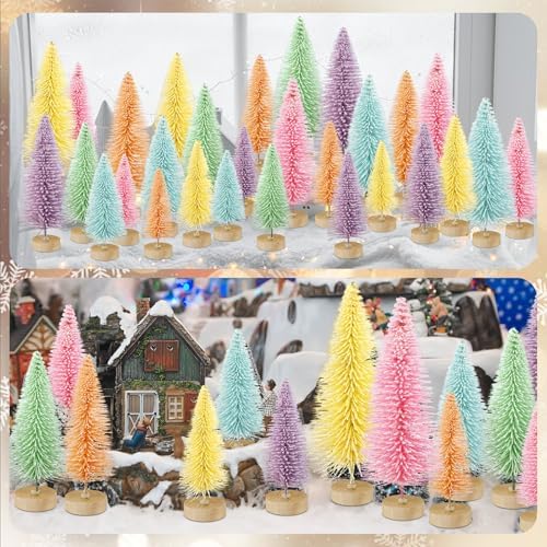 Soulchen 30 Pcs Pastel Mini Christmas Trees, Bottle Brush Village Decor