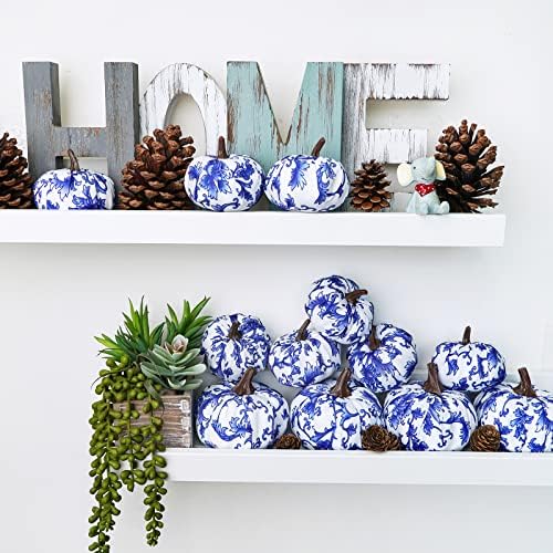 Winlyn 16 Pcs Assorted Small Faux Decorative Blue and White Fabric Pumpkins Foam Chinoiserie Chic Pumpkins for Farmhouse Fall Halloween Thanksgiving Bowl Centerpiece Table Mantel Home Decor Gifts