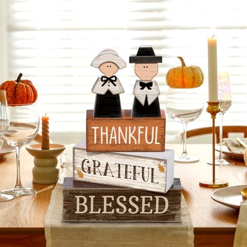 Lineshading 4 Pcs Wooden Fall Pilgrim Block Signs Tabletop Decor