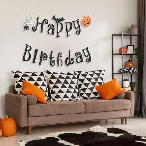 Black Halloween Happy Birthday Banner, Sparkly Glittery Pumpkin Spider and Bat Banners Halloween Birthday Party Decorations Supplies for Adults, No Diy.