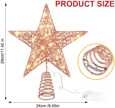 11.8’’ Christmas Tree Topper Rose Gold Star Treetop Toppers with 20 Lights