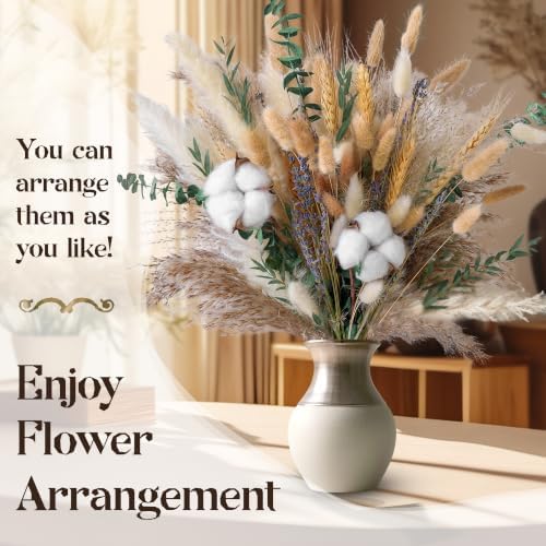 Green Dried Flower Bouquet, 10 Varieties Pampas Grass with Eucalyptus, Lavender, Cotton, Wheat & Bunny Tails, Natural Dried Flowers for Vase, Boho Farmhouse Wedding Home Decor