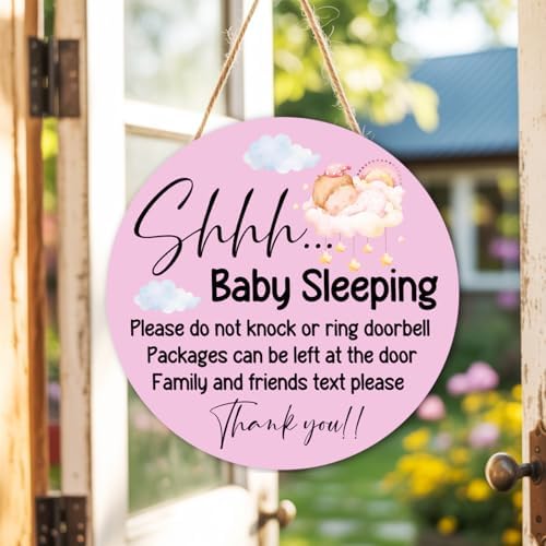 Baby Girl Sleeping Wood Hanging Sign for Front Door, Do Not Knock or Ring Doorbell House Welcome Sign