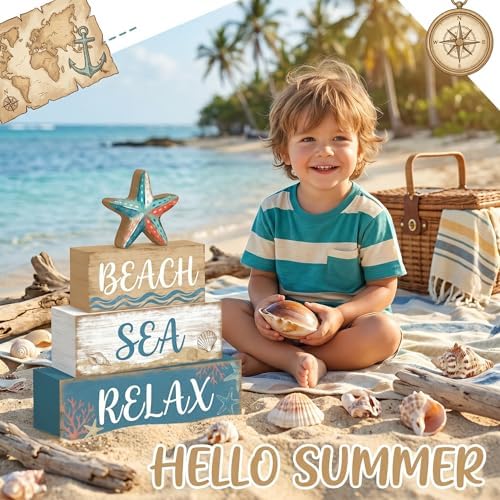 Britimes Tiered Tray Decor Set, 4 Pack, Wooden Table Sign, Ocean Beach