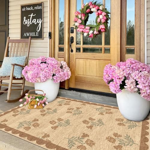 3x5 Floral Entry Rug - Small Washable Indoor Outdoor Mats for Front Door Non-Slip Jute-Look Porch Rug Boho Tan