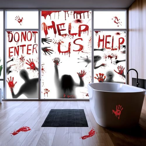 Bloody Halloween Window Cover Halloween Door Poster Decorations, Bloody Handprints Scary Silhouette, Bloody Window Indoor Décor for Party