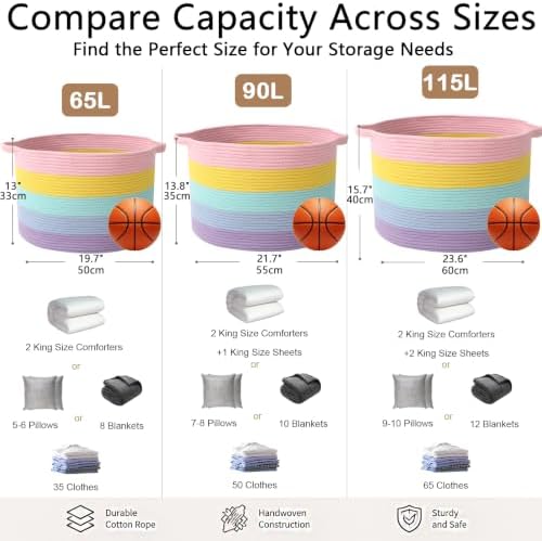 90L Large Blanket Basket,Rope Woven Laundry Basket-Colorful