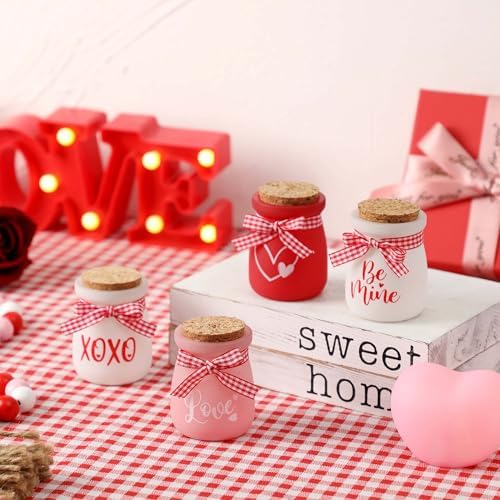 4 Pcs Valentines Day Tiered Tray Decor, Mini Mason Jars for Valentines Table Decor, Valentines Gift for Women, Small Valentines Day Decorations for Home, Office, Tiered Tray, Desk, Shelves