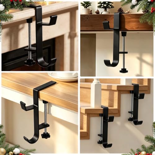 HMASYO 2-in-1 Christmas Garland & Stocking Holders for Mantle Set of 6, Black Adjustable Low-Profile Fireplace Hangers with Dual Hooks, Metal Stocking Hooks for Garland, Fits 0.5”-3.4”Mantels