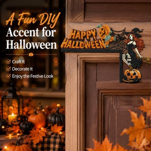 DIY Halloween Witch Pumpkin Diamond Art Wooden Door Corner Decoration, Halloween Frame Sign Kit, Creative Wall Art Mosaic Frame Sign for Home Decor & Gifts