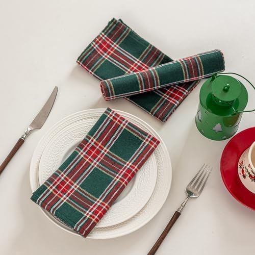 Joyfol Day 4-Pack Green Tartan Christmas Cloth Napkins - 17x17 Inch Plaid Cloth Dinner Napkins, Wrinkle-Resistant & Washable for Holiday/Xmas Table Decor (Set of 4)