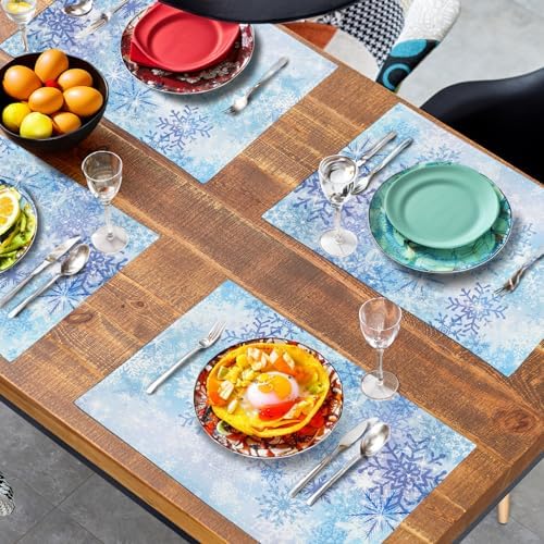 Blue Snowflake Winter Placemats Set of 4 Xmas Snow Place Mat Merry Christmas Linen Fabric Table Mats Washable Heat Resistant Placemat for Farmhouse Kitchen Dining Party Decoration
