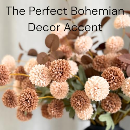 22pcs Artificial Beige & Brown Kiku Flowers with Eucalyptus Stems Bulk, Faux Silk Mum Pom Poms for Vase, Modern