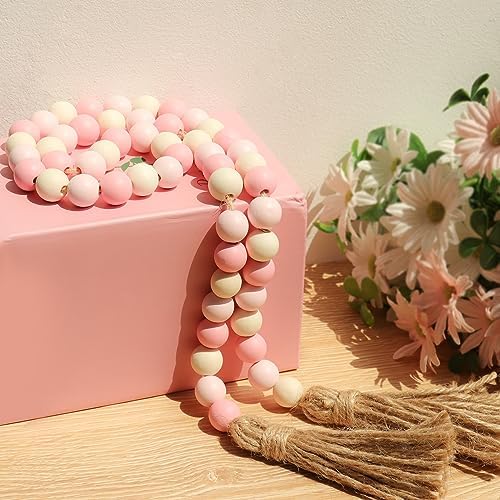 Meplait Wood Bead Garland, 39in Decorative Tassels Garland, Pink&Natural