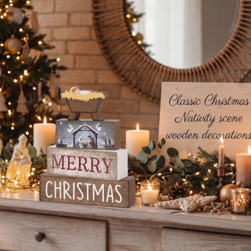 Lineshading 4 Pcs Nativity Christmas Wooden Block Signs Farmhouse Decor