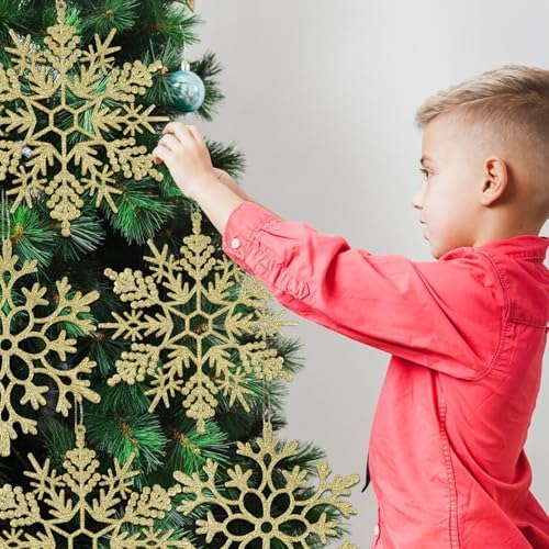 6pcs Large Gold Snowflakes Ornaments 12" Big Plastic Glitter Snowflake for Winter Indoor Outdoor Christmas Tree Window Room Decorations Giant Craft Snowflakes