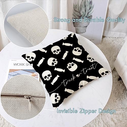 YeeJu Set of 4 Halloween Pillow Covers 18x18 Inch Spooky Skull Ghost Decor Throw Pillow Covers Black Cat Crow Halloween Cushion Covers Linen Pillow Cases for Home Outdoor Sofa Couch (18 by 18)