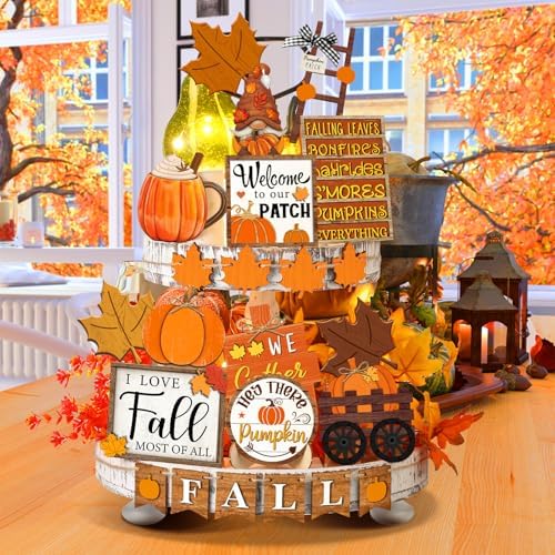Fairysandy 21 Pcs Fall Tiered Tray Decor, Thanksgiving Table Sign, Gnome