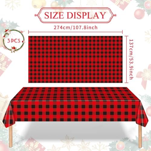 Gistome 3-Piece 54 x 108 Inch Buffalo Plaid Plastic Tablecloth - Red and Black Checkered Design, Disposable Rectangle Table Cover for Dining, Birthday, Christmas, Fall and Winter Themed Decorations
