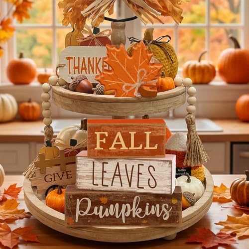Lineshading 4 Pcs Fall Wood Block Signs Farmhouse Tabletop Decor Pumpkin