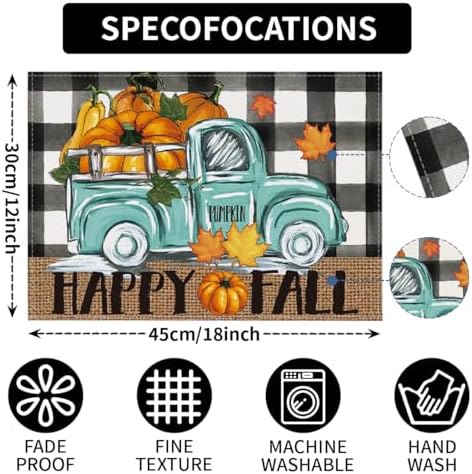 Niviy Buffalo Plaid Check Pumpkins Truck Fall Placemats Set of 6, 12x18 Inch Autumn Thanksgiving Table Mats for Holiday Party Kitchen Dining Room Decoration
