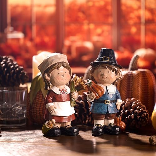 Valery Madelyn Fall Decorations For Home, Family Boy and Girl Harvest Decor for Table, Large Set of 2 Funny Thanksgiving Autumn Collectible Figurine Garden Statue Gift for Room Yard Party 7.3inch