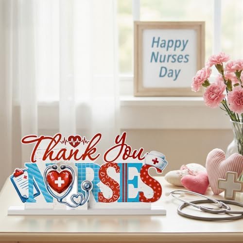 Smile Nurse Month Wooden Tabletop Decor Thank You Nurses Plaque with Stands Indoor Home Office Decor Nurse Appreciation Gift