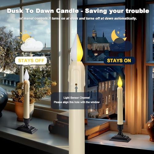 6 Pcs Sensor Dawn to Dusk Window Candles, Flickering Battery Candles for Windows, Ultra Bright Fake Candle Lights with Black Holders, Led Candlesticks for Xmas Home Decor, Warm Yellow Light