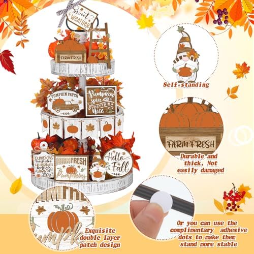 Thyle 15 Pcs Fall Tiered Tray Decor, Rustic Fall Table Decor
