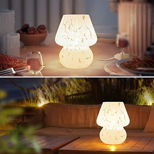 ONEWISH Mushroom Lamp Small Bedside Table Lamp-Nightstand Nightlight Dimmable Stepless, Translucent Glass White Desk