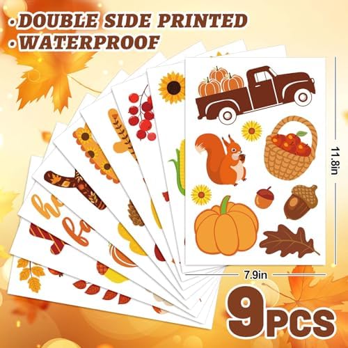 Whaline 9 Sheets Happy Fall Thanksgiving Window Clings Autumn Cute Cartoon Window Stickers Static Reusable Glass Decals for Harvest Party Home Classroom Office Decor Supplies