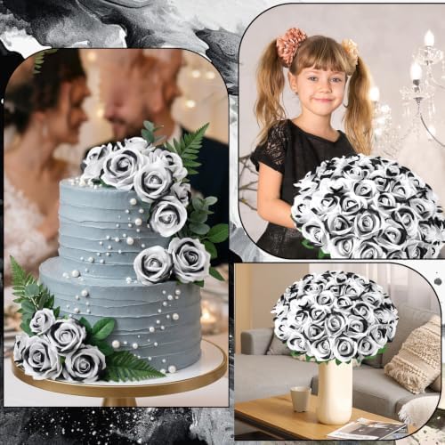 36 Pcs Velvet Texture Black White Artificial Flower Bridal Bouquet