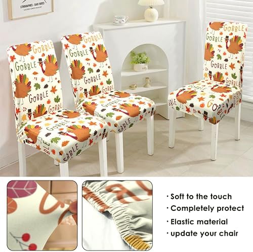 Fall Thanksgiving Chair Covers Set of 6, Pumpkin Turkey Dining Chair Protectors, Elastic Removable Washable Dining Chair Covers for Fall Thanksgiving Kitchen Dining Room Holiday Decorations