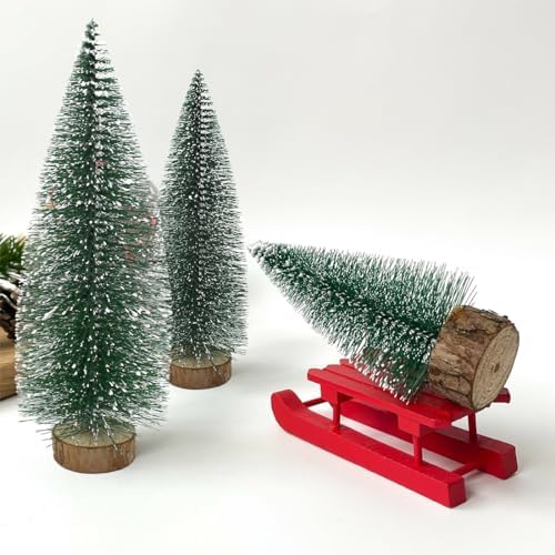5PCS Small Christmas Trees, Bottle Brush Christmas Trees Mini Sisal Snow Frost Trees Pine Trees with Wood Base Tabletop Mini Christmas Village Tree for Holiday Decorations