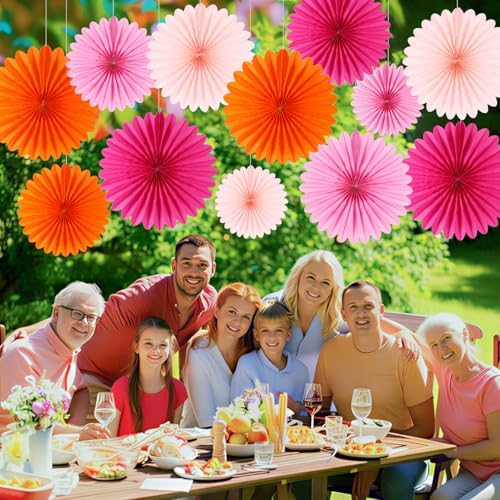 BestoFun 12PCS Paper Fans Orange and Hot Pink Party Decorations Tissue Paper Flowers Paper Fans Party Decorations for Girl Groovy Birthday Baby Shower Wedding Bachelorette Room Wall Hanging Décor