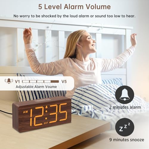 DreamSky Wooden Digital Alarm Clock for Bedroom with Large Numbers