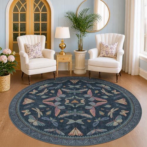 Dark Blue Vintage Playroom Round Rug 6ft, Washable Soft Area Rug for Entryway, Living Room & Kitchen, Stain Resistant