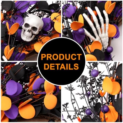 zjlmit Halloween Wreath 24 Inch Halloweeen Wreaths for Front Door Handmade Skull Wreaths with White Skeleton Hand Black Eucalyptus Leaves Orange Berries for Window Porch Indoor Party Holiday Wall Home