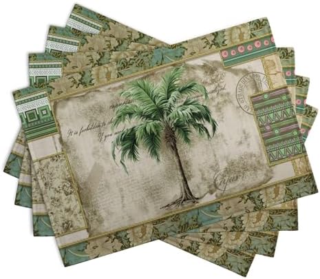 Tropical Palm Tree Placemats Set of 4 Summer Vintage Green Leaf Kitchen Table Mat 12x18 Inch Hawaii Beach Jungle Plant Tree Heat Resistant Washable Linen Place Mats for Dining Tables