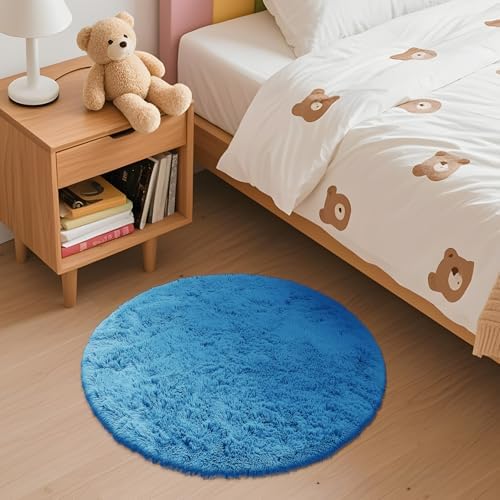 OLANLY Bright Blue Round Rugs for Bedroom - Machine Washable, 2 ft Circle Area Rugs for Living Room, Soft and Fluffy