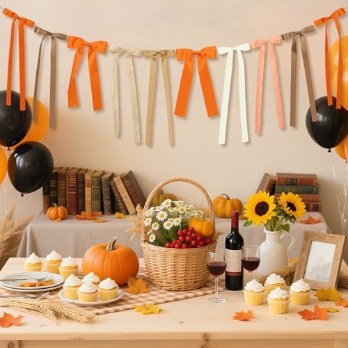 Fall Bow Garland, Fall Mantel Bows Garland Thanksgiving Bow Banner Autumn Hanging Garlands Fall Decorations for Home Office Fireplace Mantle Decor, Table Wall Halloween Thanksgiving Farmhouse Decor