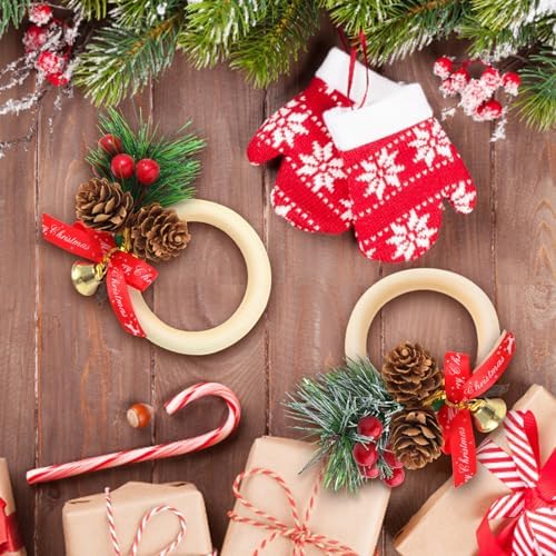 12 Pcs Christmas Napkin Rings Set, Xmas Pine Cones Poinsettia Wooden Napkin Ring Holders,Handmade Rustic Style Napkin Decoration for Christmas Banquet Dinner Wedding Birthday Table Decor