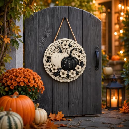 Fall Decor - Black and White Pumpkin Wreath Door Sign for Front Door