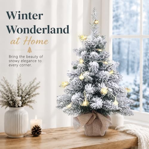 Pre-Lit Artificial Mini Christmas Tree,20 Inch Snow Flocked Small Pine Xmas Tree with 40 LED Lights,70 Branch Tips,Battery Operated Tabletop Christmas Tree Burlap Base-(50cm)